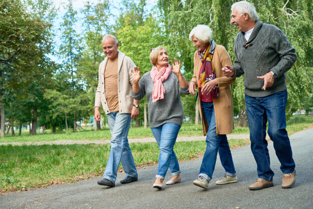 wandelen ouderen wandelen buiten in het park en praten met elkaar